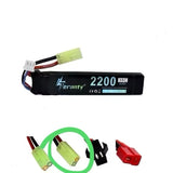 Black LiPo 2S 2200mAh 35C battery pack with green connector and red/black wires