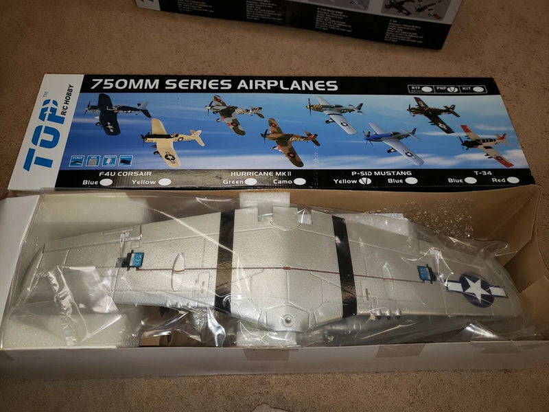 750mm series P-51D model airplane kit in box, clear plastic parts window