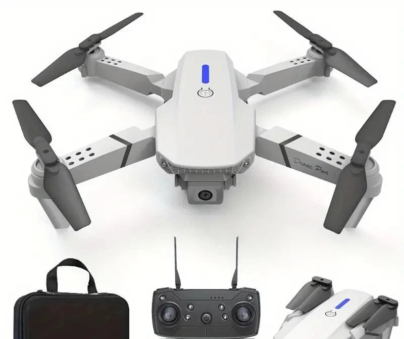 Quadcopter drone with four propellers, handheld remote controller, and black carrying case