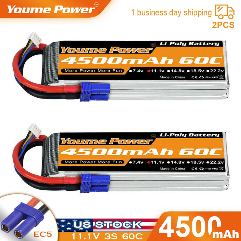 2pcs 11.1V 4500mAh 3S LiPo Battery 60C EC5 for RC Car Truck Drone FPV Boat Buggy Battery