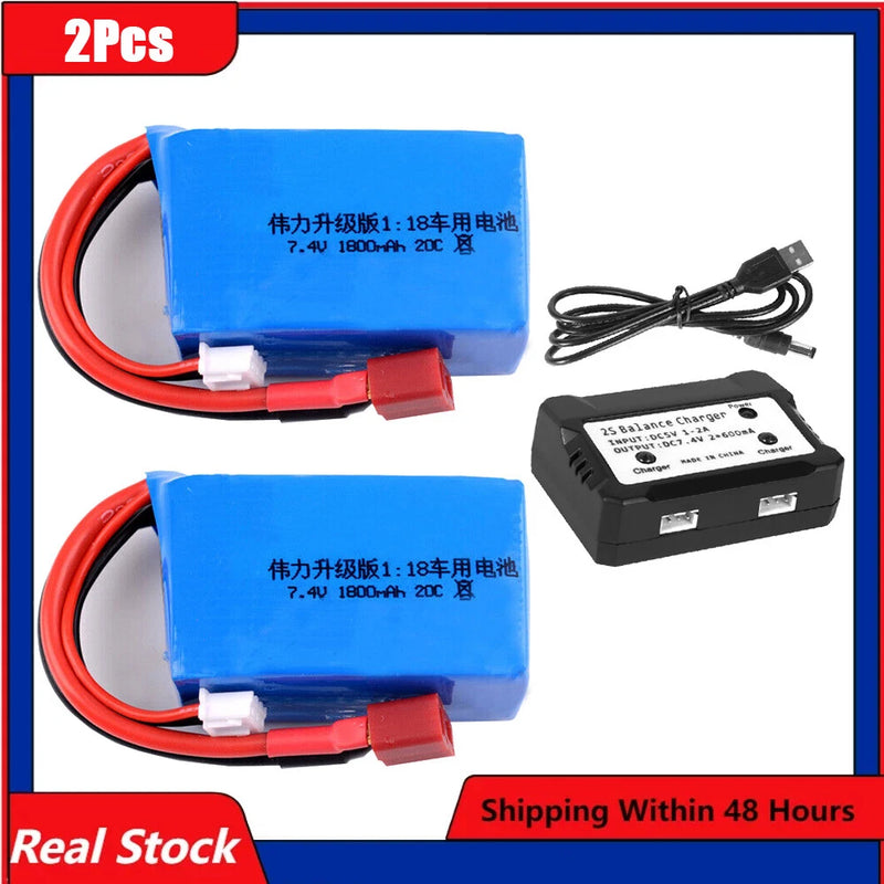2Pcs 7.4V 1800mah 2S 20C Lipo Battery for Wltoys A959-b A969-b A979-b K929-B RC