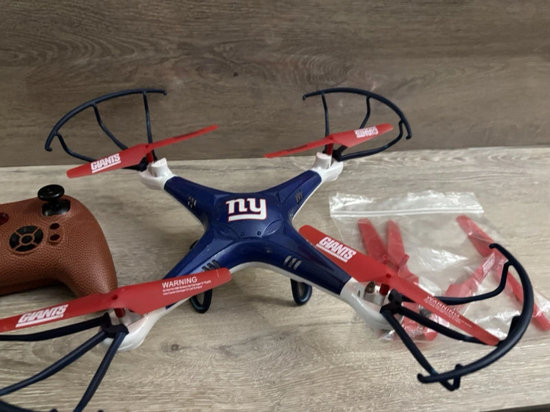 Blue and red New York Giants remote-controlled drone with four propellers