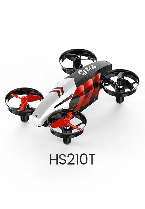 RC mini quadcopter drone with black, red, and white body and four propellers, HS210T