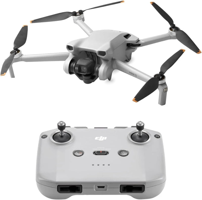 DJI Mini 3 drone with controller, white body, four propellers, front camera