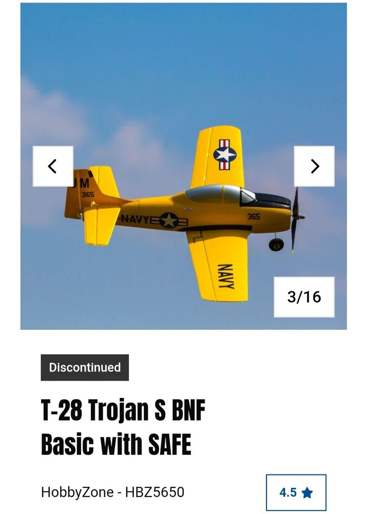 RC T-28 Trojan S model airplane, yellow and black, top view with propeller nose
