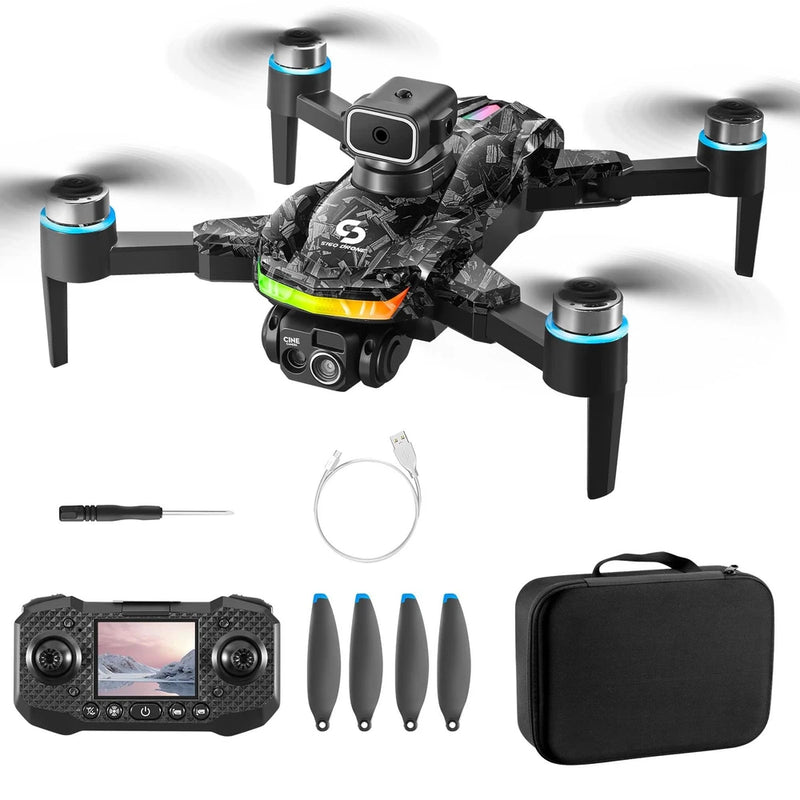 Black quadcopter drone with camera, controller screen, spare propellers, and carrying case