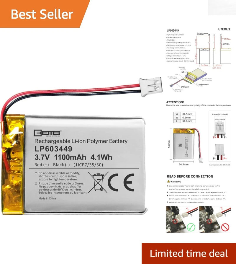 Rechargeable 3.7V LiPo Battery 1100mAh - Ideal for DIY Projects & Devices Battery