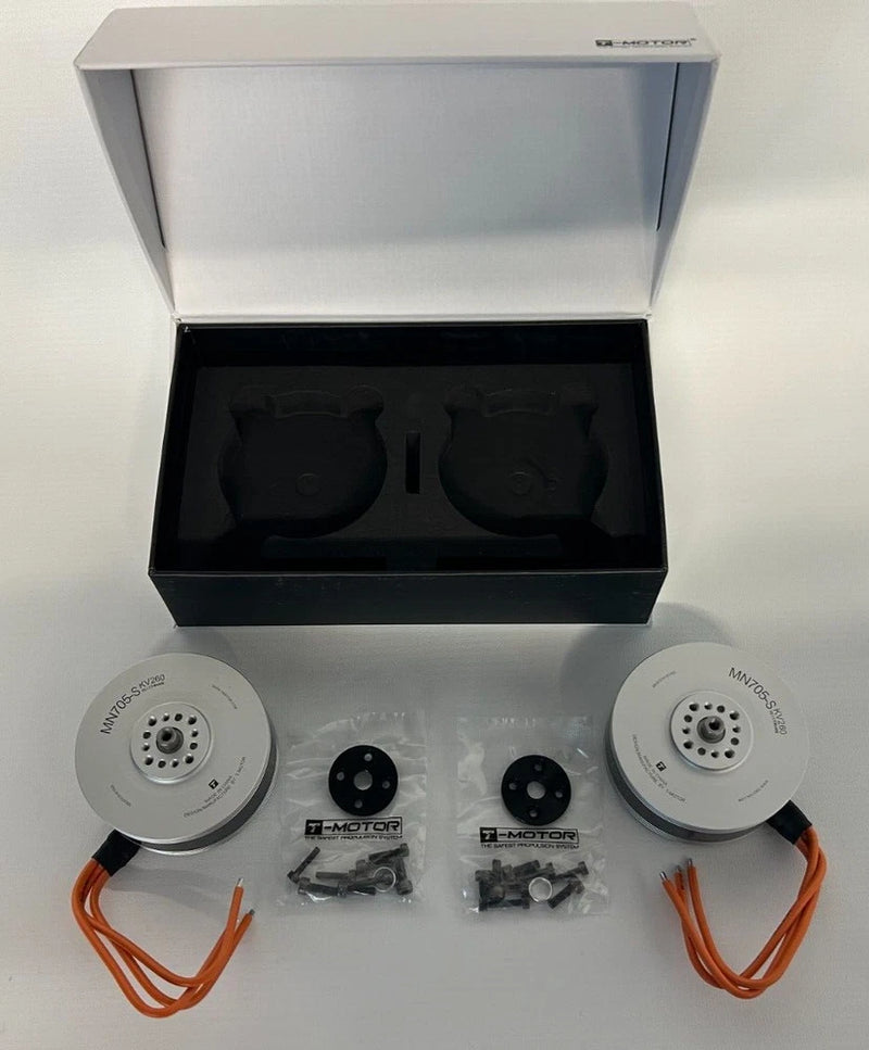 Set of 2 T-Motor MN705S motors with orange wires, accessories, open box