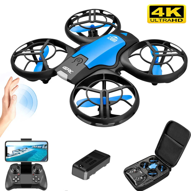 Blue and black quadcopter drone with protective prop guards, controller and phone