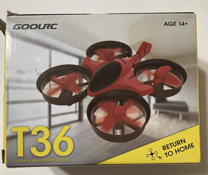 Red mini 6-axis drone with four propellers, in box packaging.