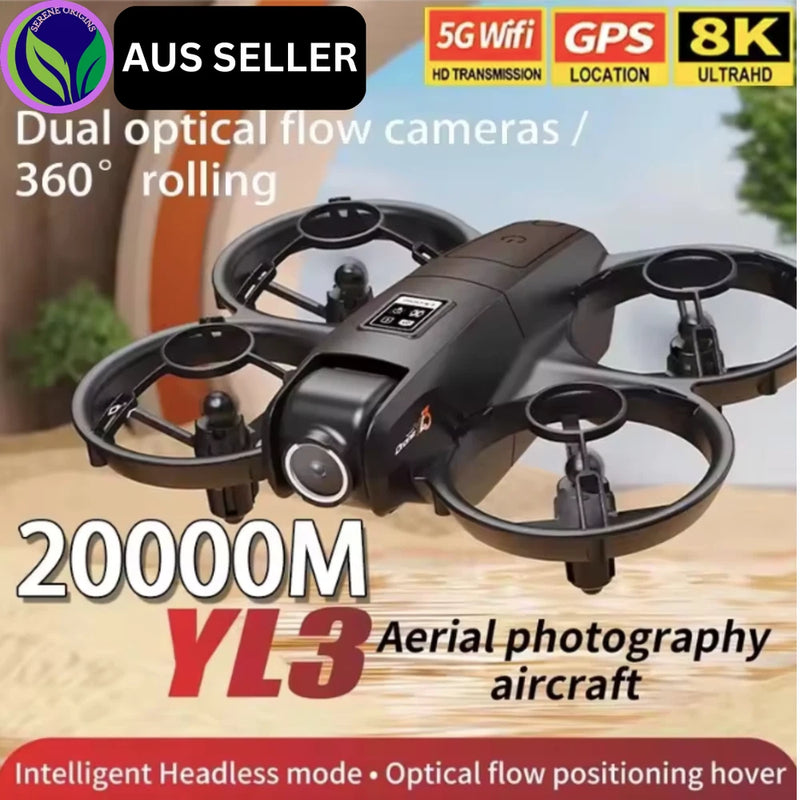 Black quadcopter drone with four rotors and dual optical flow cameras