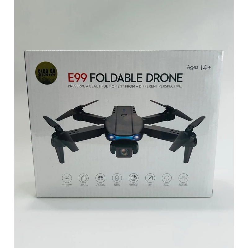 Foldable quadcopter drone with HD camera and four propellers, black.