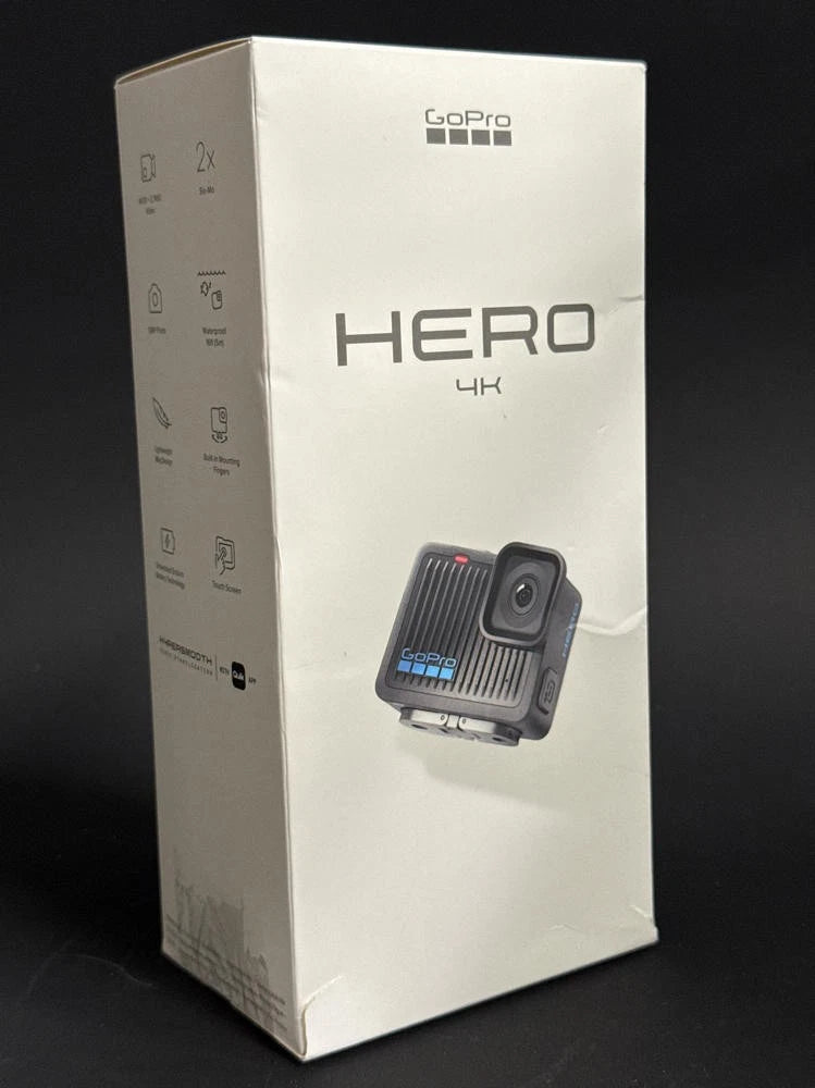 GoPro HERO action camera retail box with camera and HERO4 branding