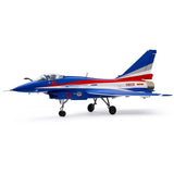 Blue and white RC EDF jet airplane model with three-wheel landing gear