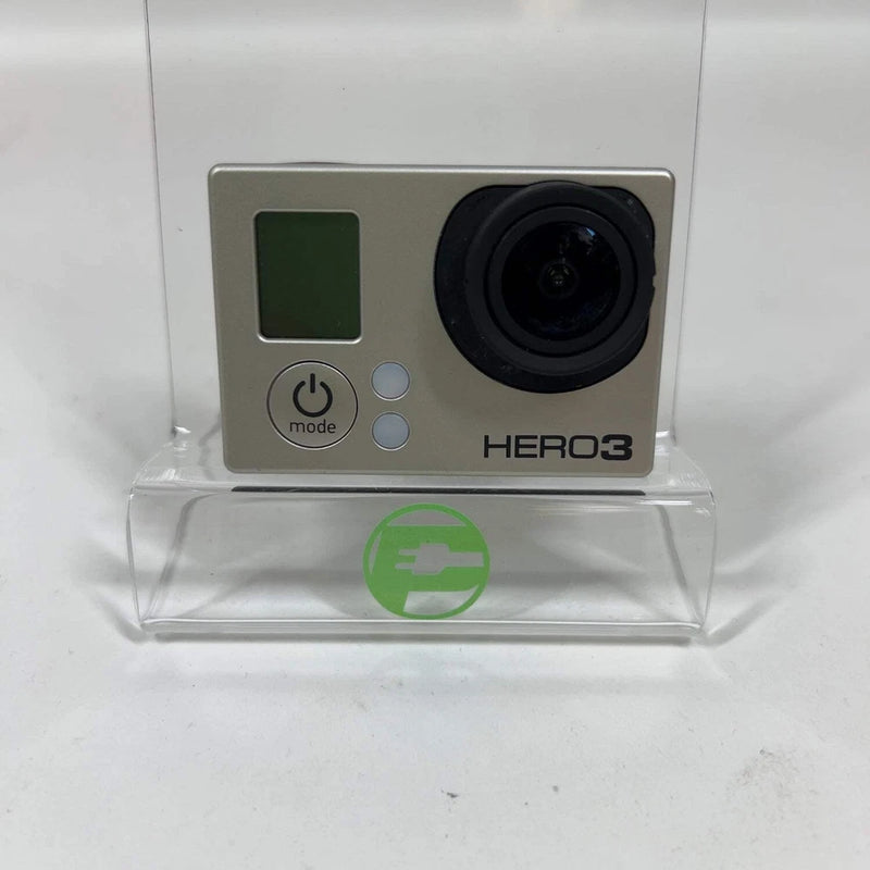 Silver GoPro HERO3 action camera front view with LCD screen, lens, and buttons