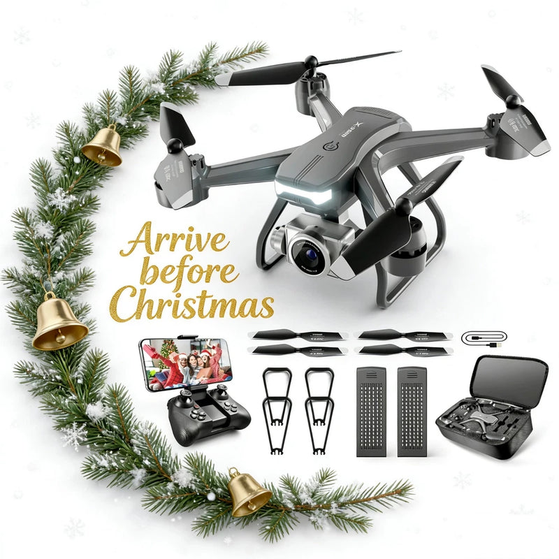 Gray RC quadcopter drone with 4K camera, controller and spare parts in a kit