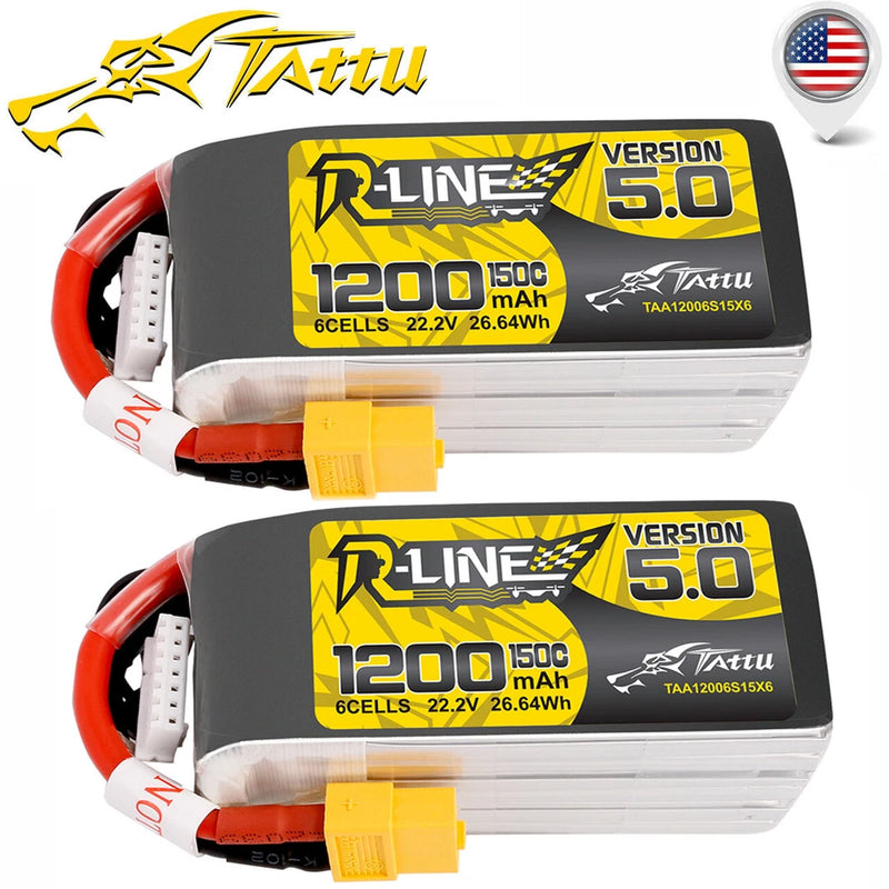 2X Tattu R-Line 5.0 1200mAh 150C 22.2V 6S Lipo Battery XT60 Plug For FPV Racing Battery