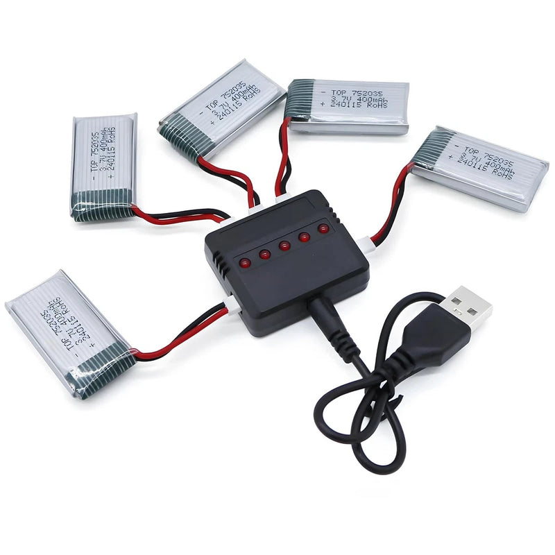 Lot of 5 3.7V 400mAh Lipo Batteries with 5 in 1 USB Charger for Syma Q11 Battery