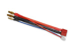 4mm bullet battery lead with red connector and gold plug tips; red, blue, black wires