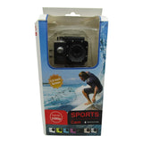 Sports action camera in retail packaging, waterproof housing and 2-inch screen