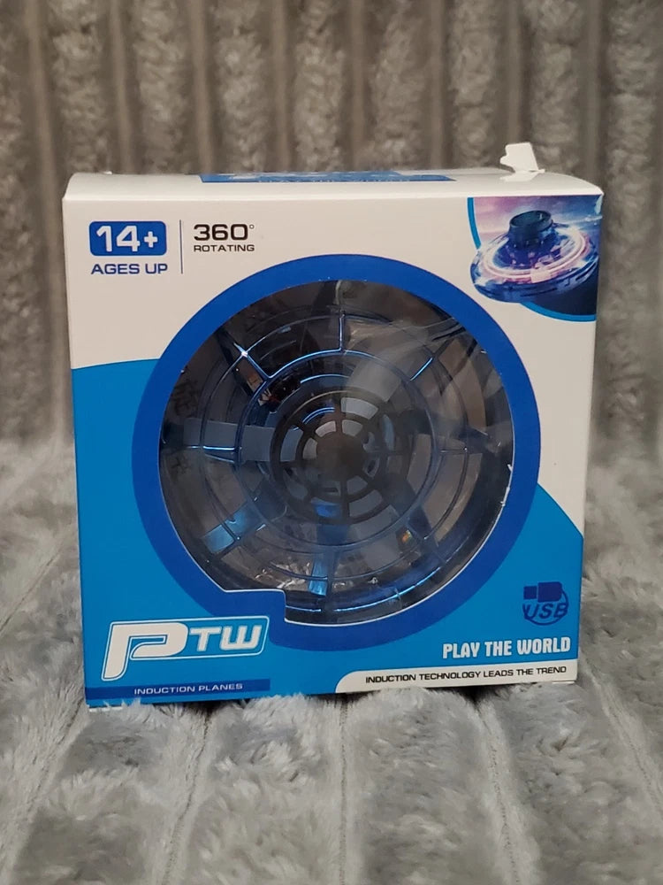 Mini UFO drone toy box with clear window, blue accents, 360 rotating label