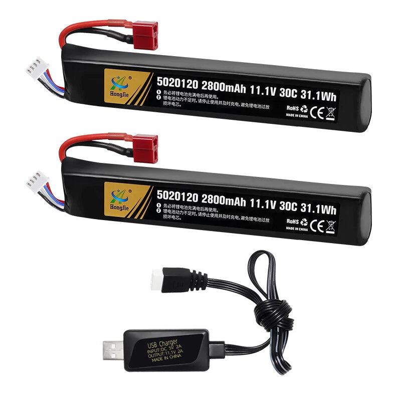 Rechargeable LiPo battery pack with red T plug, leads, and USB charger cable.