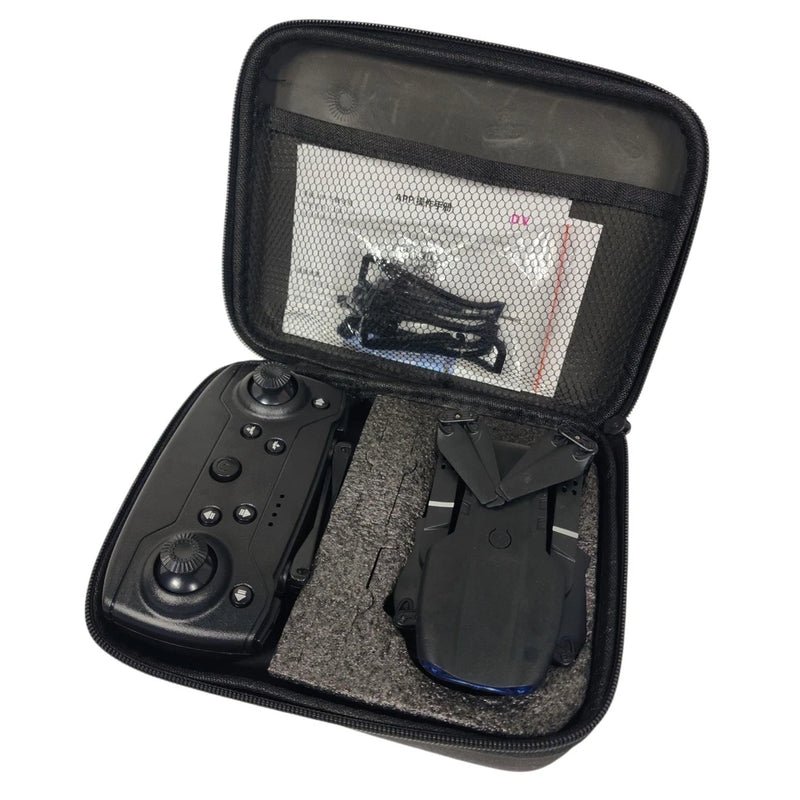 Foldable drone remote control case with black controller and storage compartments