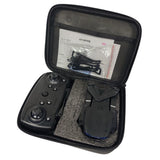Foldable drone remote control case with black controller and storage compartments