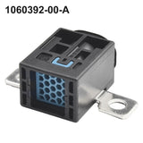 Battery disconnect module with black/gray housing, blue label, metal tab with ring hole