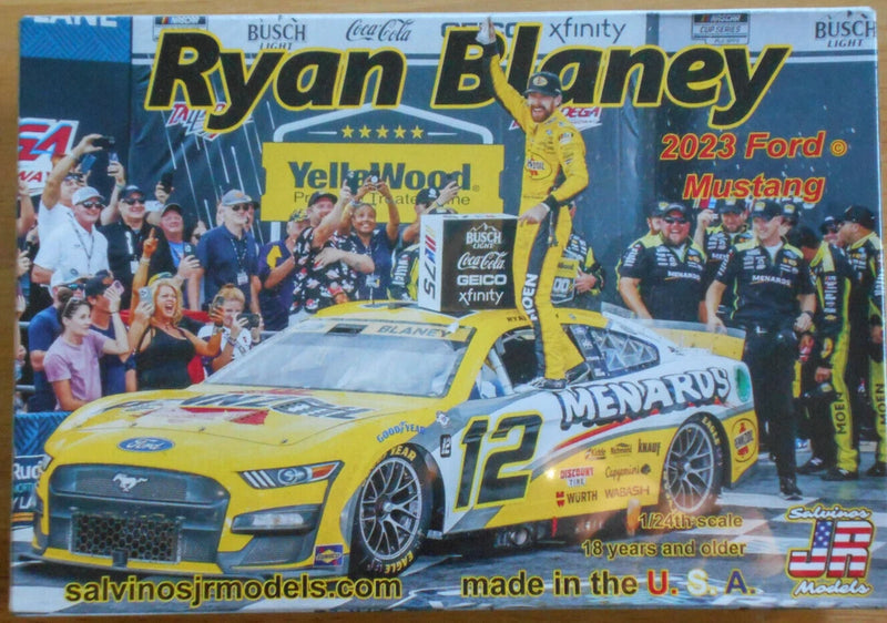 1/24 scale Ford Mustang race car model kit box with #12 car and driver figure