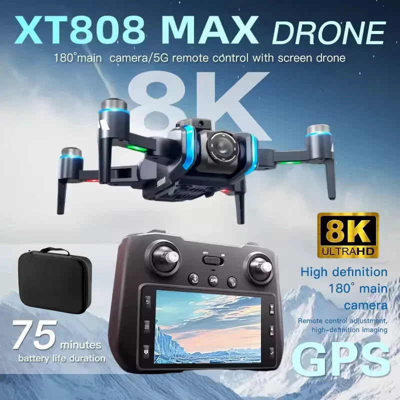 Foldable quadcopter drone with 8K camera, front gimbal, and controller screen