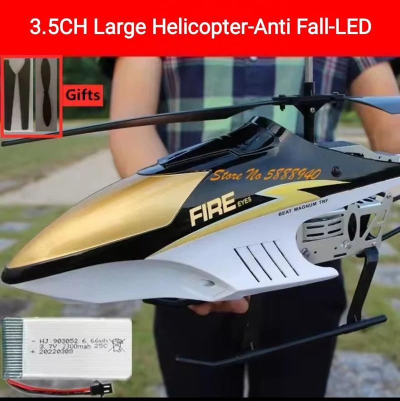 Large RC helicopter drone with black, yellow and white body, skid landing gear