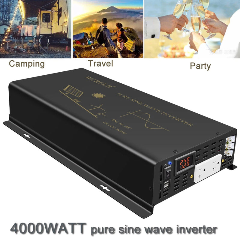 Power Converter 4000W Pure Sine Wave Inverter 12V 24V to 120V Car Truck Motor RV