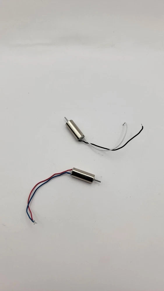 Mini drone replacement motor set with two cylindrical motors and attached colored wires