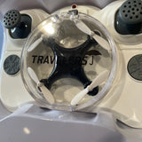 Promotional drone with clear circular propeller guard and four white propeller arms