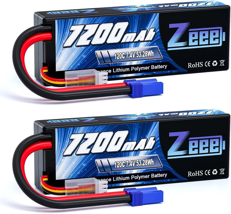 2S Lipo Battery 7200Mah 7.4V 120C with EC5 Connector (2 Pack) | Hard Case RC Bat Battery