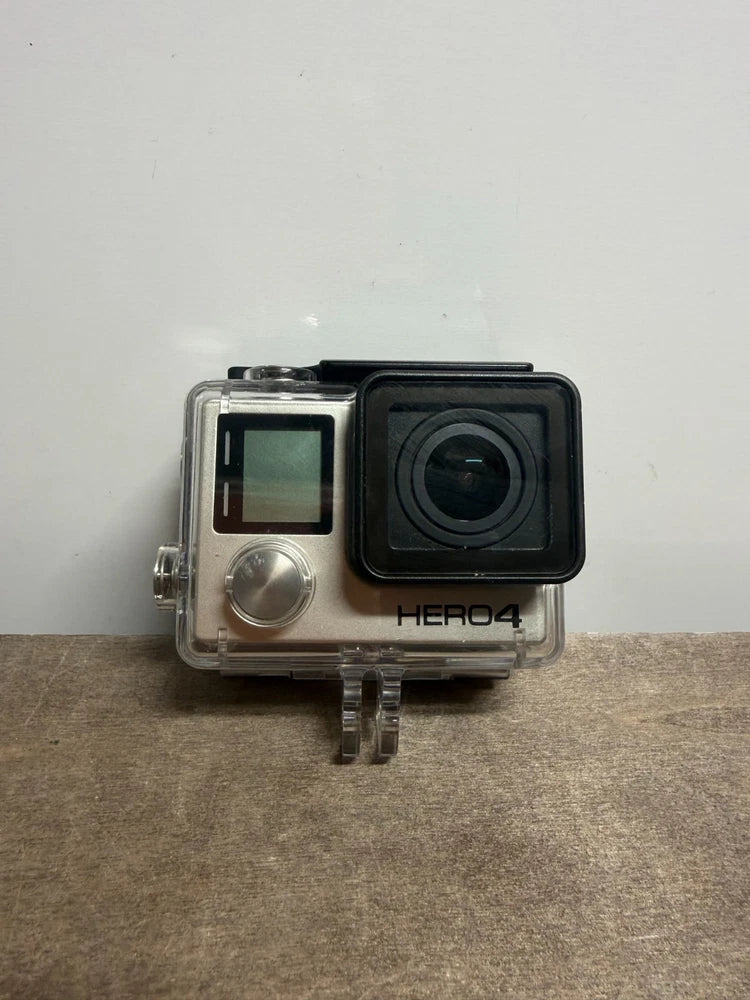GoPro HERO4 action camera in clear waterproof case with front lens and LCD