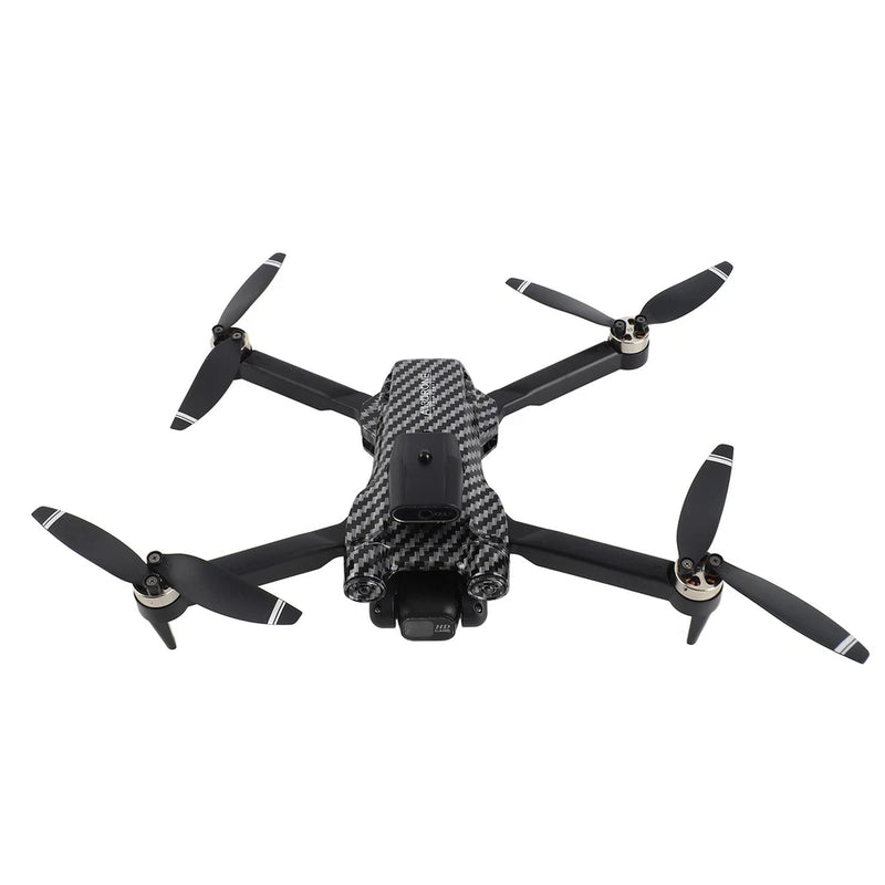 Quadcopter drone with four propellers, dark body and patterned top, front camera module