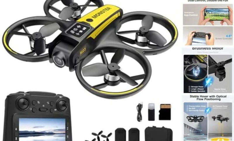 Kids RC quadcopter drone with yellow-and-black body and remote controller with screen