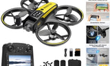 Kids RC quadcopter drone with yellow-and-black body and remote controller with screen