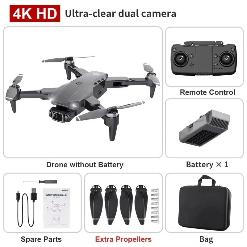Foldable 4K GPS drone with dual camera, remote control, battery, propellers, carrying bag