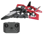 Red and black drone with remote controller, front and top view