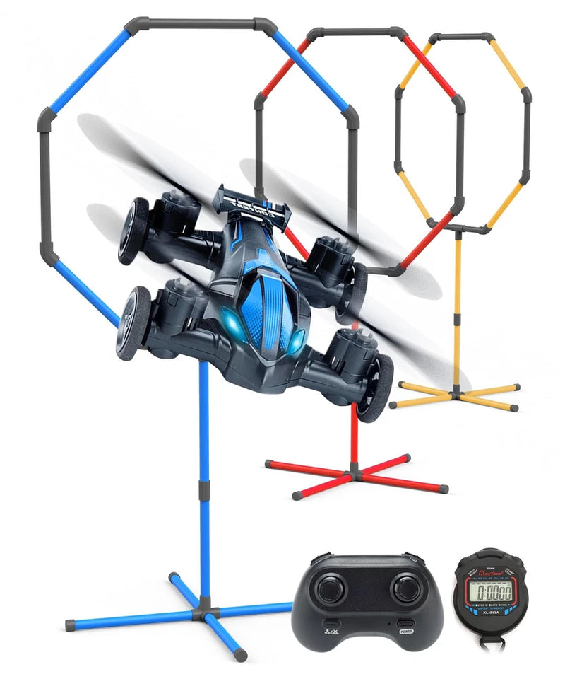 RC drone obstacle course kit with blue/black drone, colorful hoops, remote controller