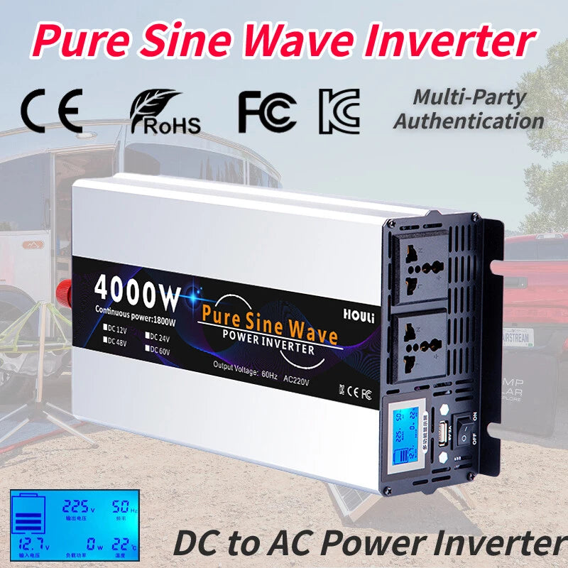 4000W Pure Sine Wave Car Power Inverter DC 12V 24V to 110V 220V Solar Converter