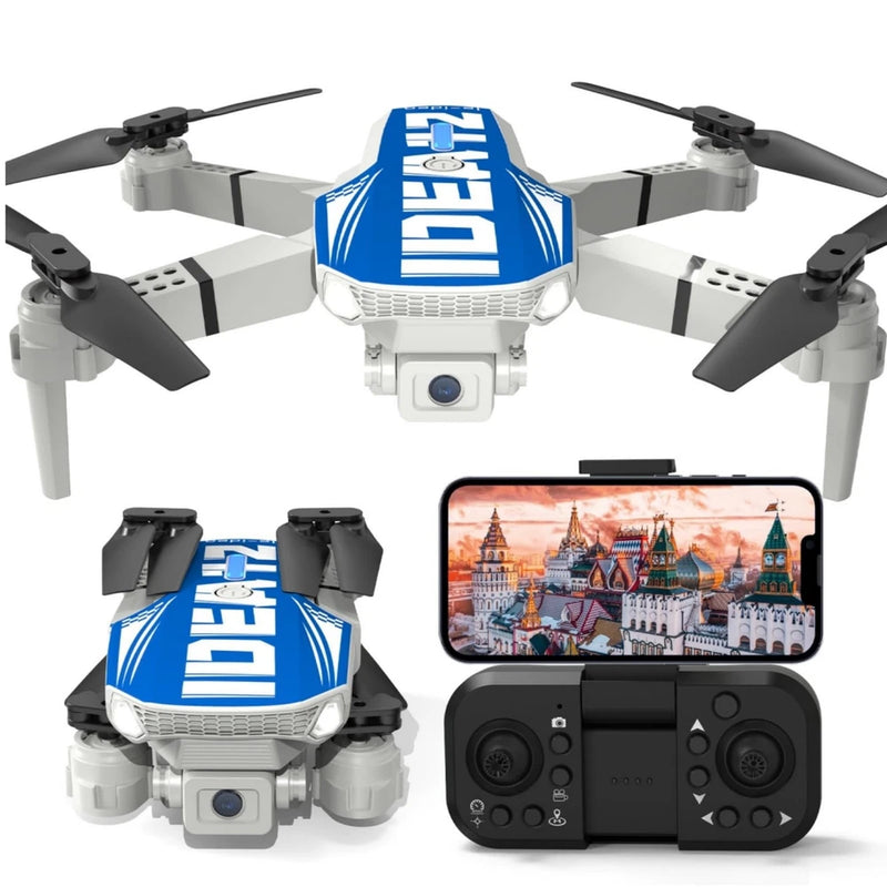 Foldable quadcopter drone with camera, blue top logo, and controller with screen