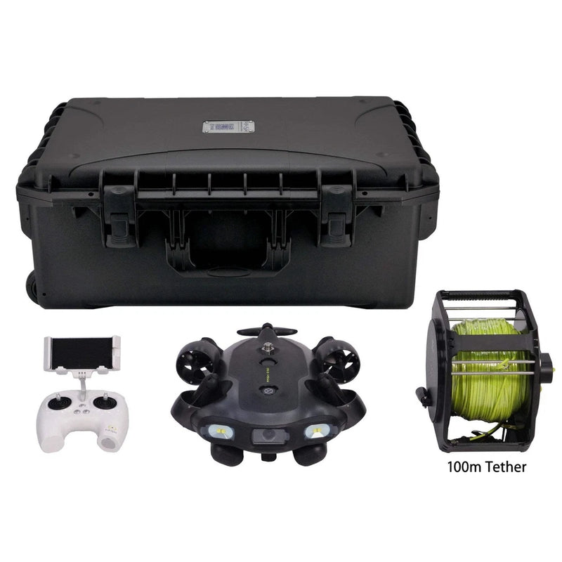 Underwater drone kit with black hard case, controller, and 100m tether spool
