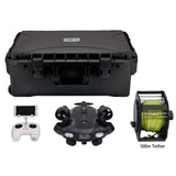 Underwater drone kit with black hard case, controller, and 100m tether spool