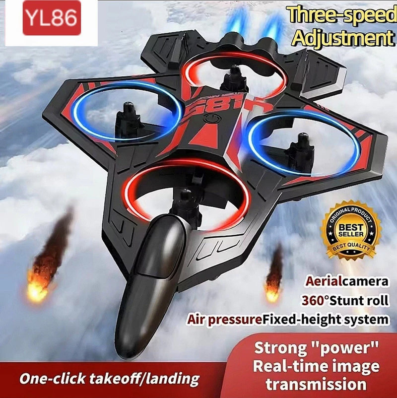 RC fighter jet camera drone with black body and red/blue LED light rings