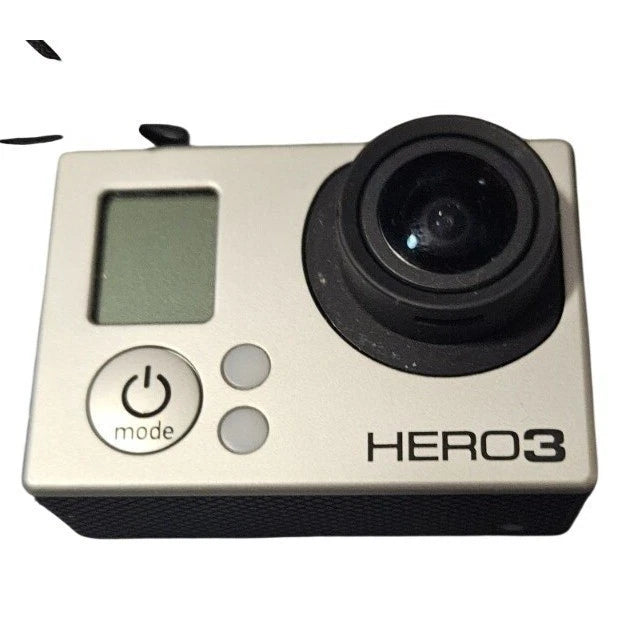 GoPro HERO3 action camera in silver case, front lens and display, power and mode buttons
