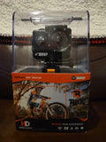 Action camera box with HD camera mounted inside clear protective case